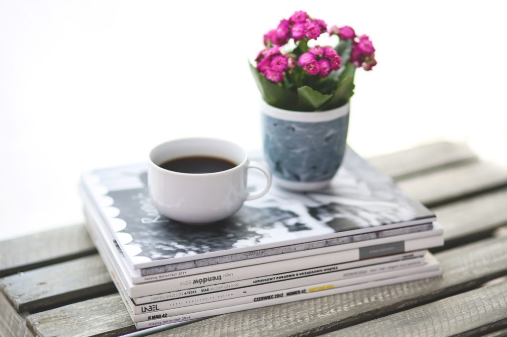 plant and cup on magazines